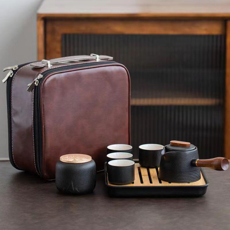 Japanese Black Pottery Tea Set with Handle Teapot, Dry Brew Tray, and Portable Bag for Home, Office, or Travel.