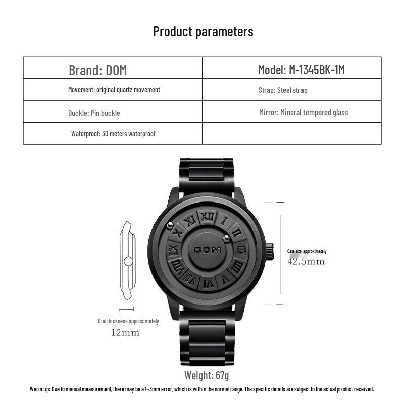 DOM Black Technology Men's Waterproof Quartz Watch with Roman Numeral Dial and Steel Ball Magnetic Levitation.
