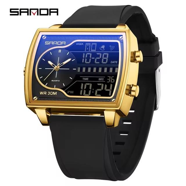 SANDA 6163 Digital Analog Men Watch Square Case Dual Display Steel Leather Silicone Strap Multifunction Sport Business Watch