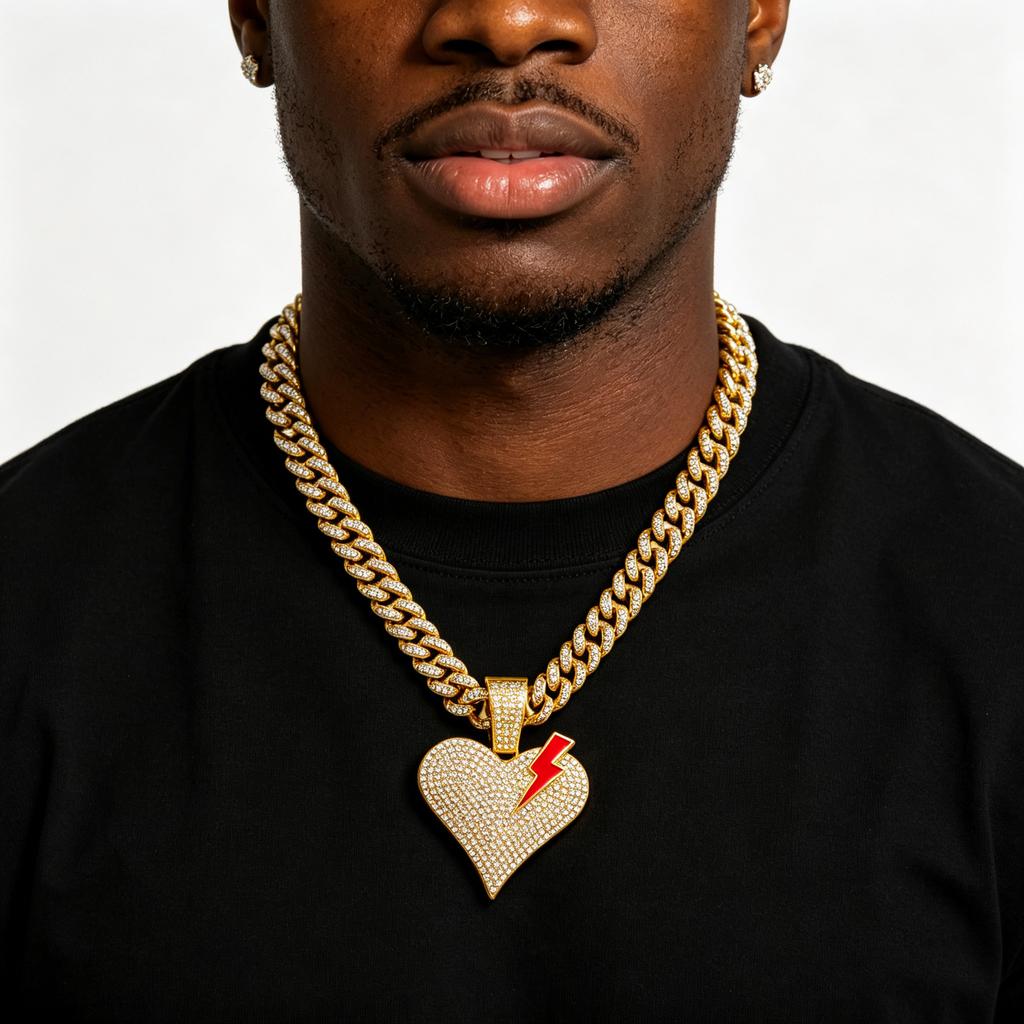 Iced Out Lightning Heart Pendant Necklaces Alloy Gold Plated Crystal Cuban Chain Hip Hop Bling Jewelry with Red Enamel Lightning