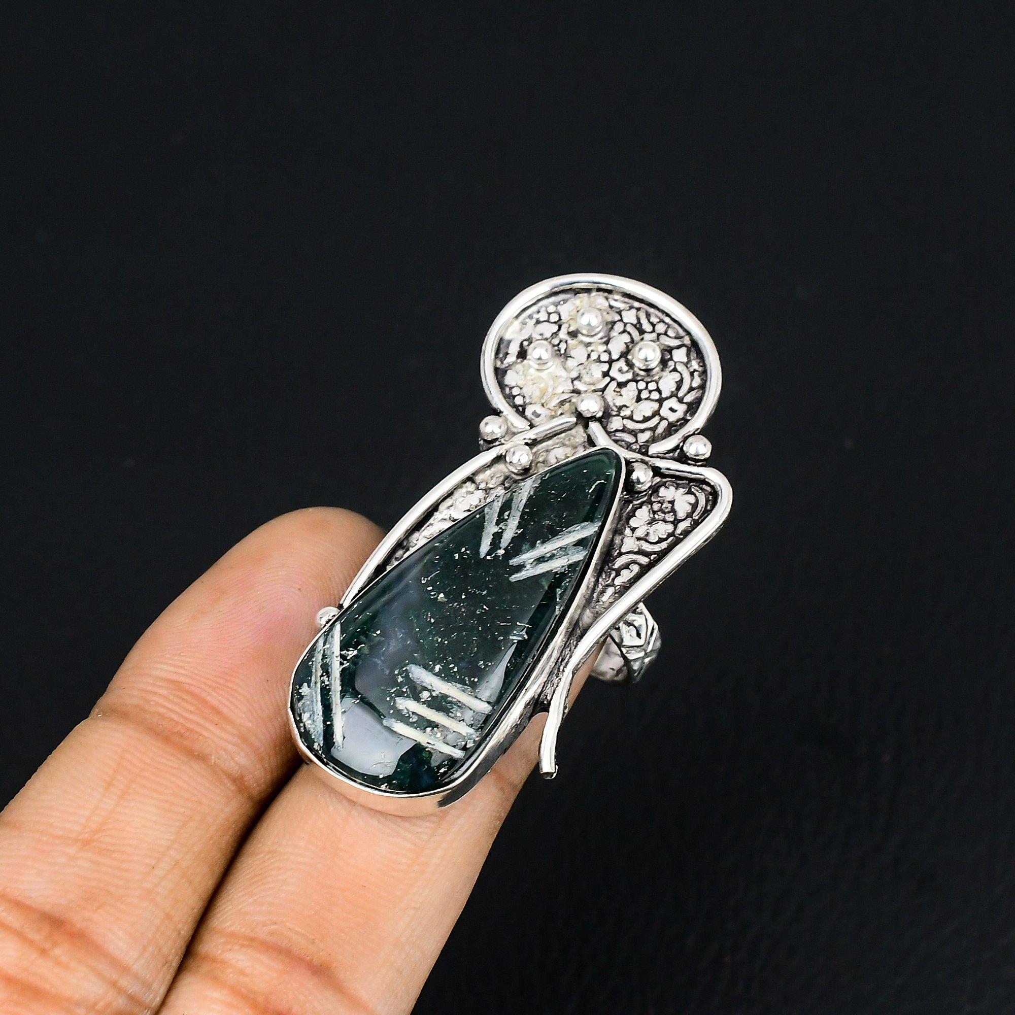 Pear Solar Moss Agate Gemstone Sterling Silver Promise Artisan Ring Jewelry US 6 6