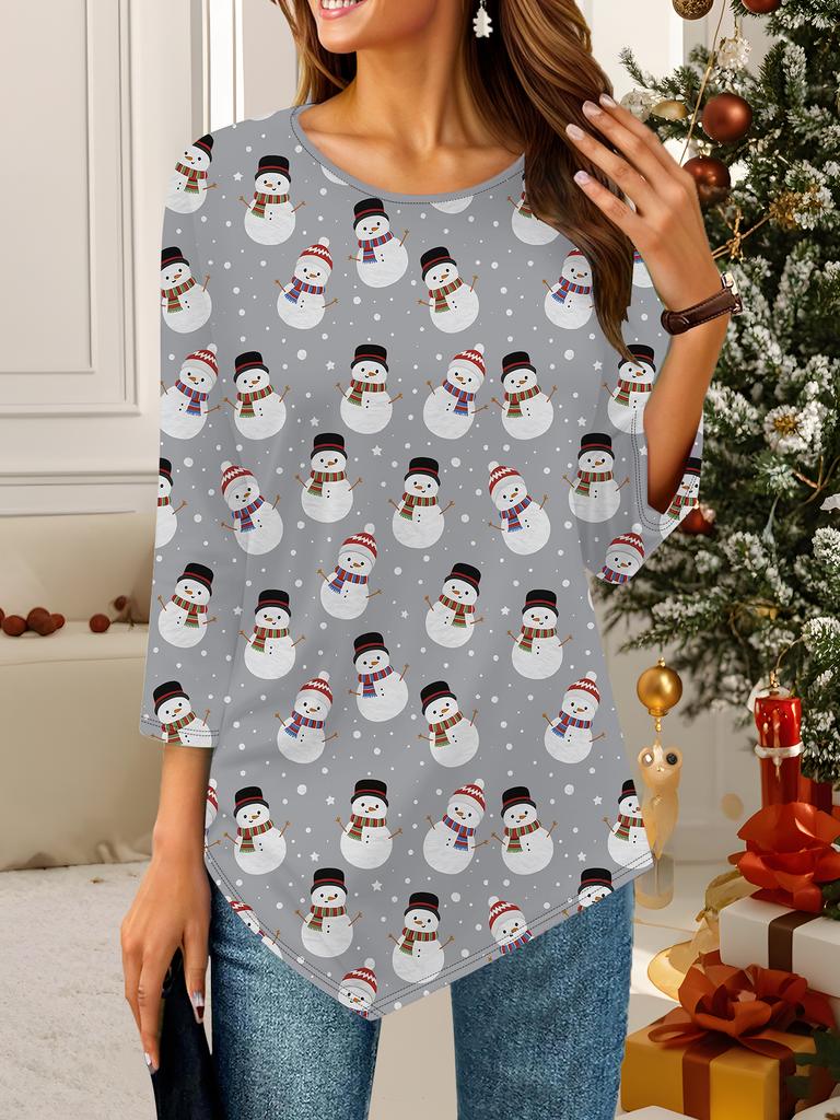Women's Loose Round Neck Three Quarter Sleeve Tee 3D Christmas Pattern Ideal Halloween and Christmas Gift