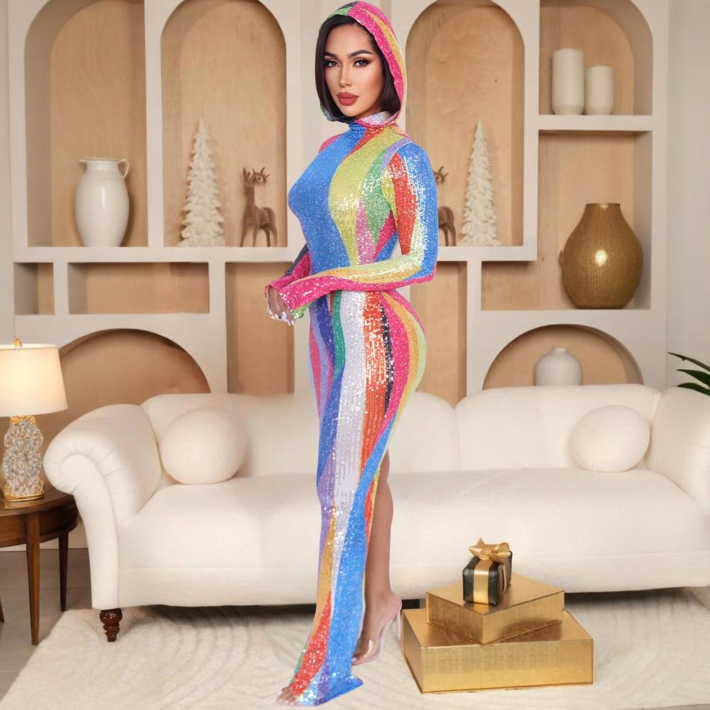 

Женское сексуальное платье с капюшоном и высоким разрезом M разноцветный