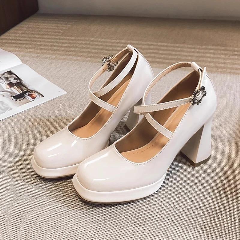 Patent Leather Cross Strap Mary Jane Pumps Women Black Beige Platform 10cm High Heels Dress Shoes Y2k