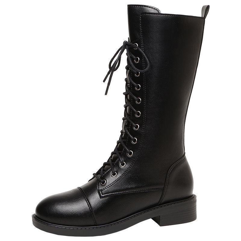 Fashion Autumn Winter Black Leather with Laces Fleece-Lined Mid Calf Shoes Woman Comfortable and Elegant Sale Half High Boots for Women