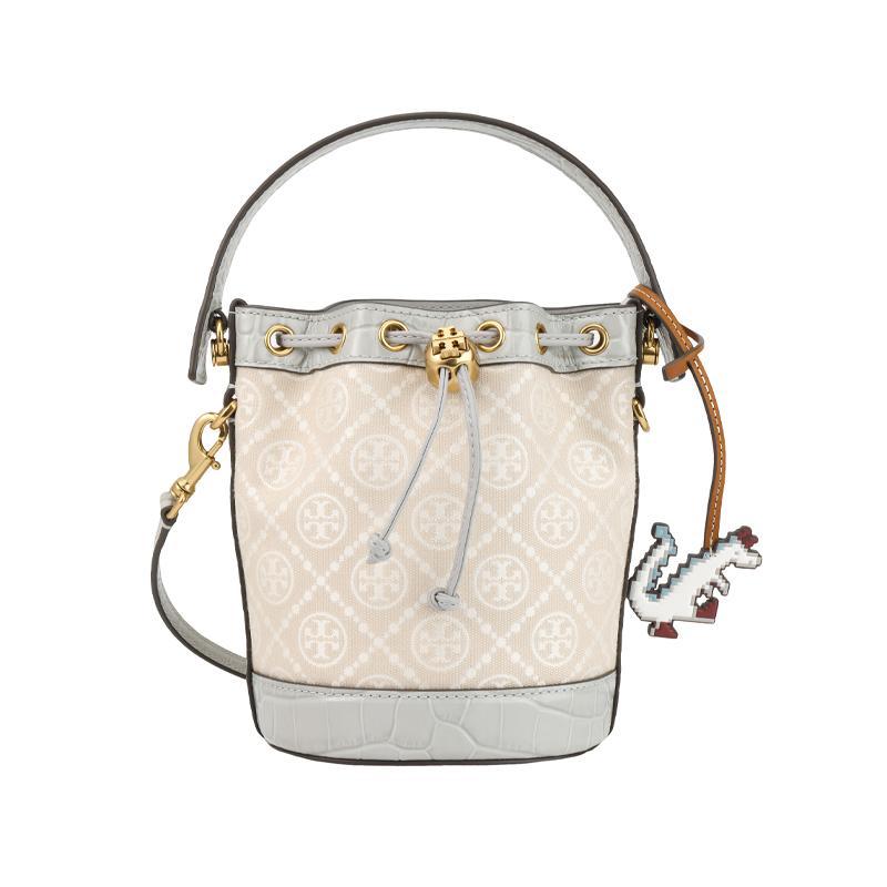 

Tory Burch T Monogram Removable Decorative Pendant Drawstring Closure Jacquard Patch Leather Bucket Bag Mini Women Bags Cloud-Gray 156930-020 Basic Set (Bag+Dust Bag)