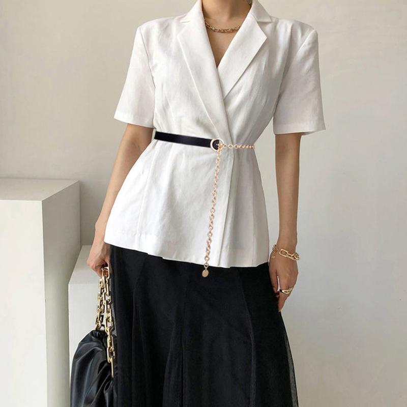 Thin Belt Women Metal Chain Black Pu Leather Splicing Belt Trendy Shirt Decoration Suit Matching All-Match Dress Shirt Chain