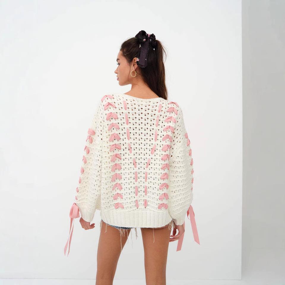 Autumn and Winter Women's Personalised Design Sense Round Neck Ribbon Temperament Sweet and Versatile Sweater