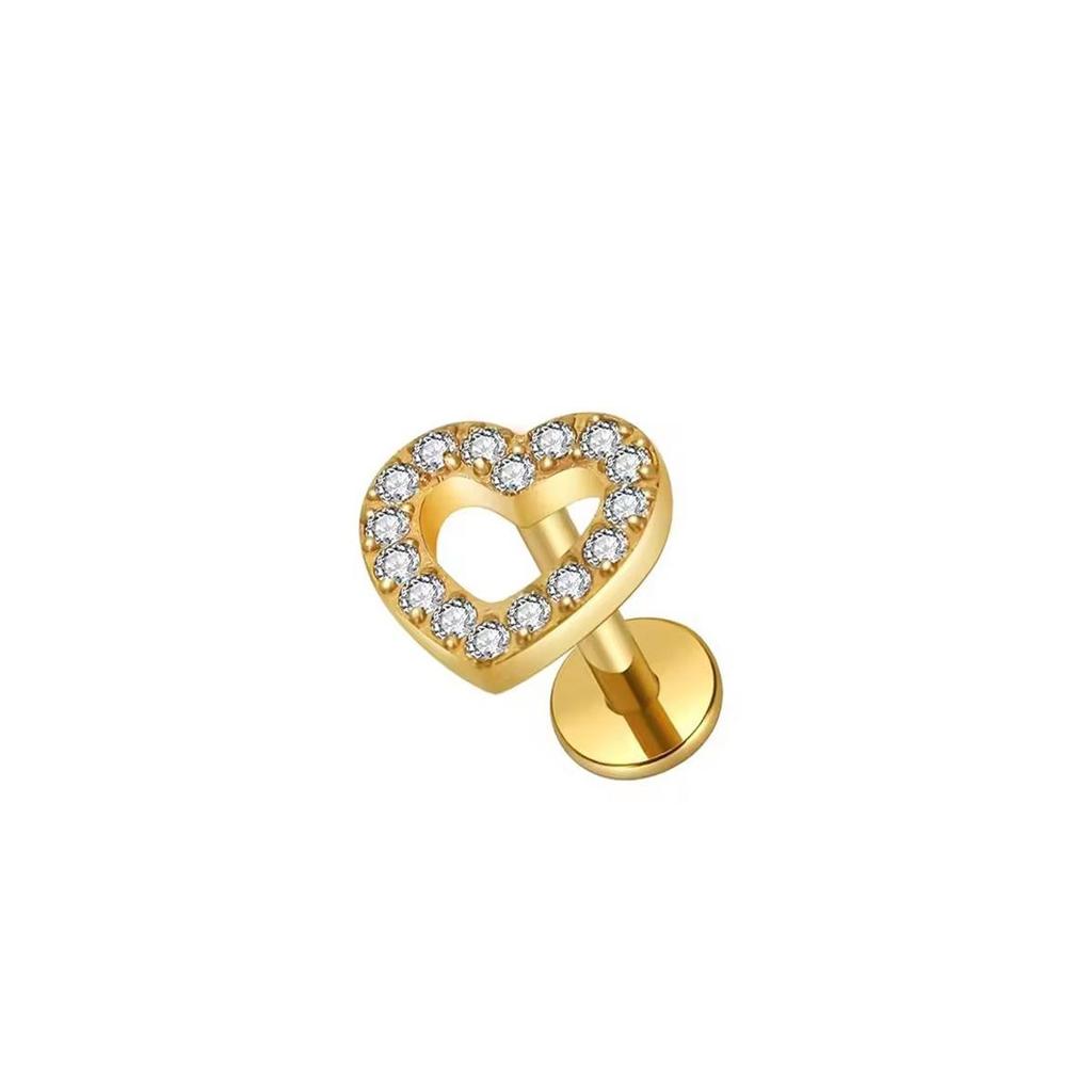 Steel Bar Heart & Cross Zircon Earrings - Women's 16G Cartilage & Lip Studs
