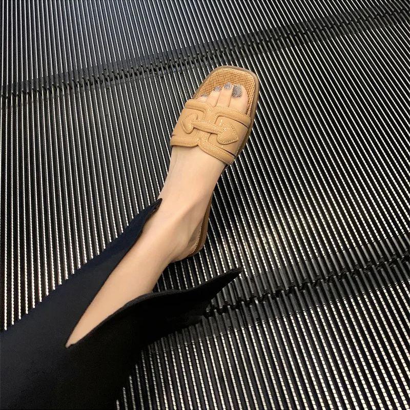 Fashion 2024 New Design Comfortable Fashion Square Head Chunky High Heels Single Shoes Elegant Slip On Women Flat Soft Sole Slippers