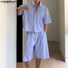 INCERUN Two Piece Suit Men Striped Short Sleeve Shirts Shorts Casual Outfits Sets