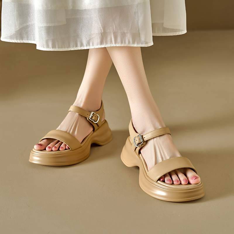 Krazing Pot Sheepskin Peep Toe Thick High Heels Summer Shoes Buckle Straps Platform Casual Women Sandals