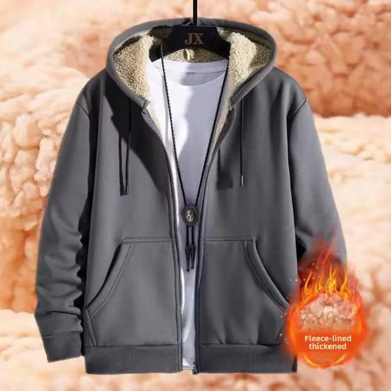 Autumn Winter Thickened Fleece Men's Sweatshirt Black Hooded Cardigan Casual Style Loose Fit  Hooded Jacket