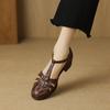 Krazing Pot Sheepskin Buckle Straps Round Toe Med Heels Autumn Summer Prints Leather Mary Janes Women Pumps