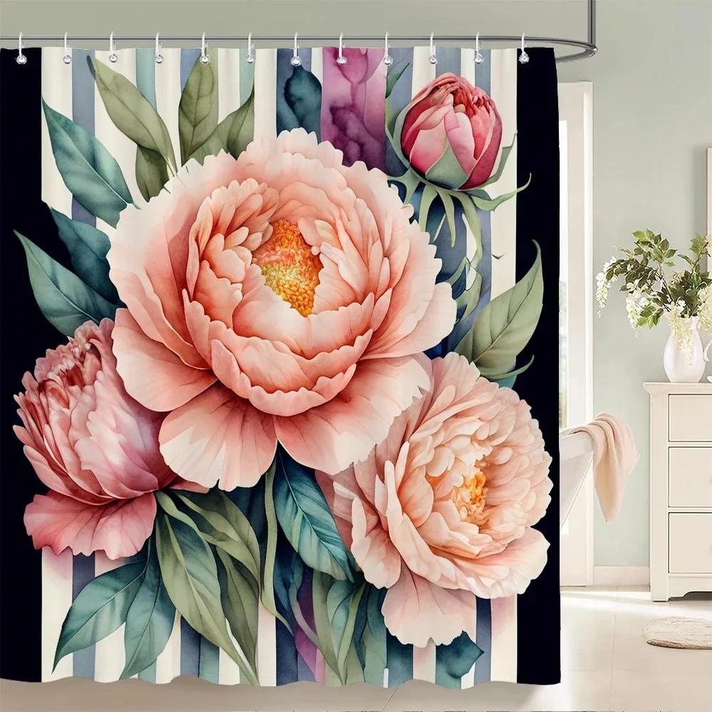 Rideau de douche Fleurs Magnifiques, Feuilles Aquarelle Sur La Plante Supérieure Avec Décor Floral de Salle de Bain, Ensemble de Rideau de Douche Avec Crochets