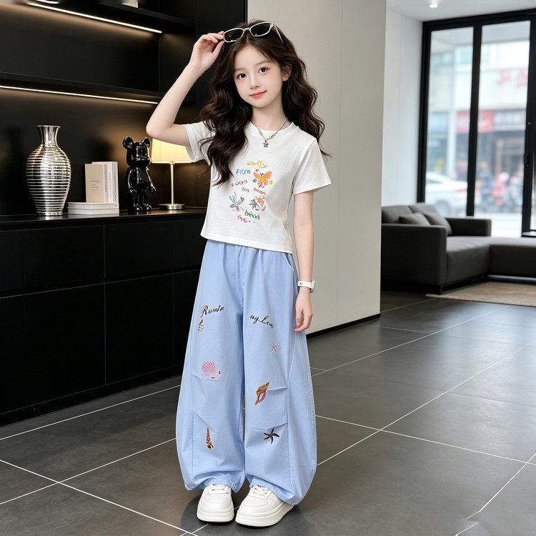 Sommer-Cartoon-T-Shirt & Weitbeinige Hosen Set für Mädchen - Stylisches Lässiges Zweiteiler für Mittlere & Große Kinder, Kollektion 2026.