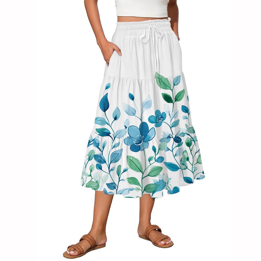 Women's Flowy Flared Ruffle Hem A Line Maxi Skirts Elastic Waist Elegant Tiered Layer Boho Long Skirts