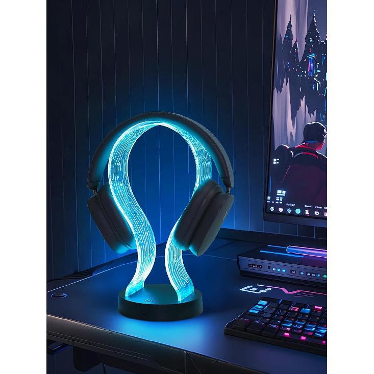 Light Up Headphone Stand with 16 Color Lights, PCB Pattern Acrylic Headset Stand with 1 USB and 1 Type-C Charging Ports, Gifts for Gamers Men and
