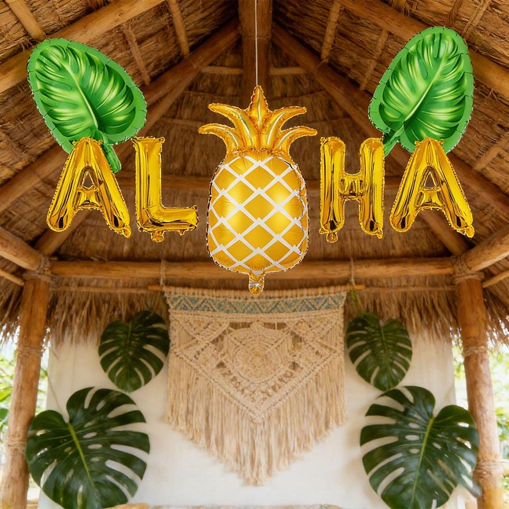 Hawaii-Party-Ballonset in Farben von Palmenblatt, Ananas und Buchstaben. Für Sommerversammlungen, Geburtstagszimmerdekoration