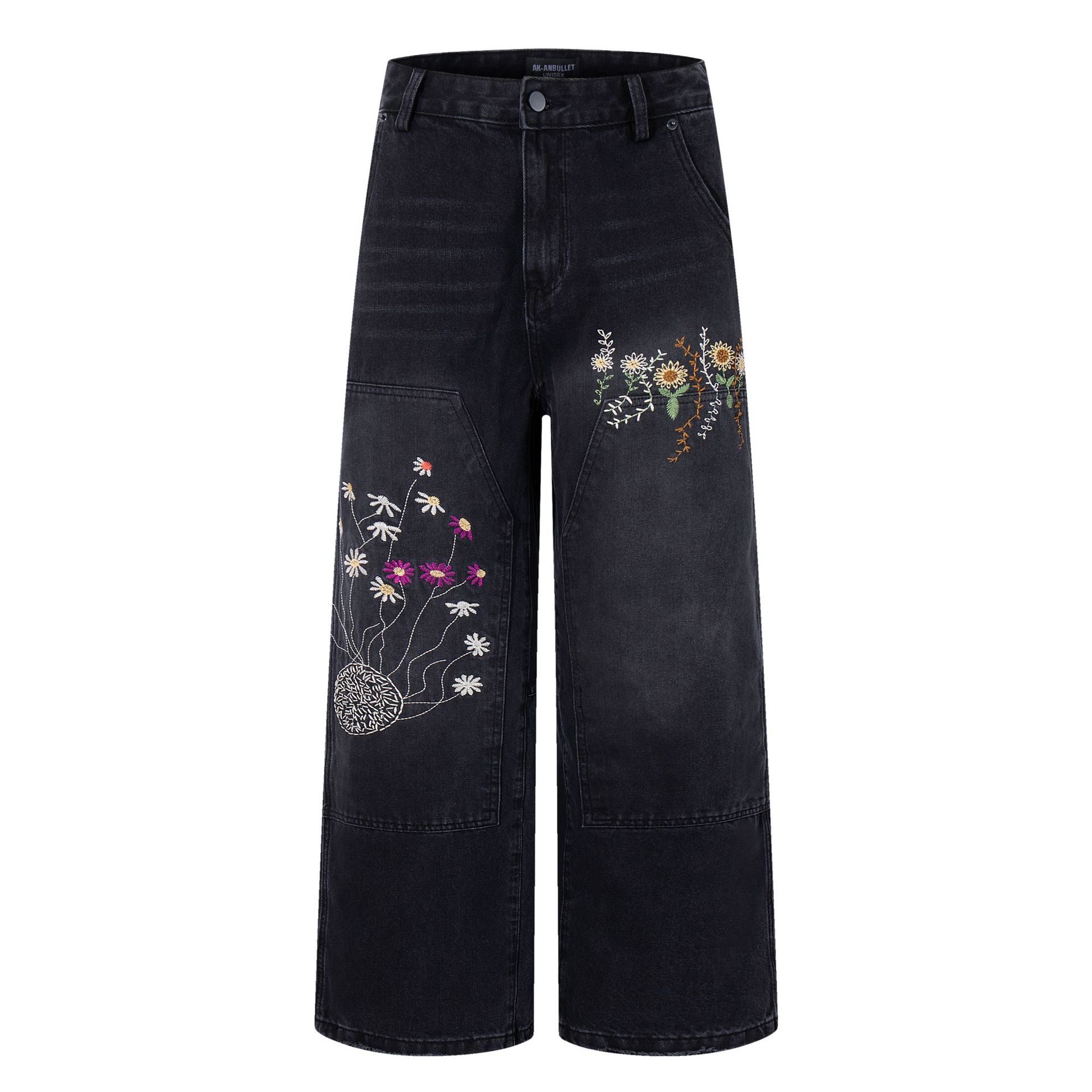 Men s Autumn American High Street RO Style Floral Embroidered Jeans Loose Wide Leg Pants S чёрный