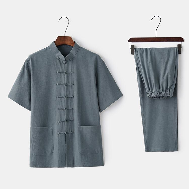 Tang-Anzug aus Baumwolle und Leinen für Herren: Kurzärmlig, Froschverschluss, Chinesischer Stil, Perfekt für Sommer und ältere Männer.