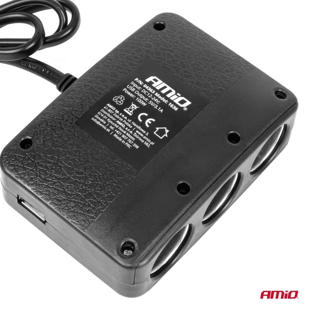 Cigarette lighter socket splitter with charger 2x USB-A ON/OFF LED 12V 24V 100W 70cm AMIO-04363