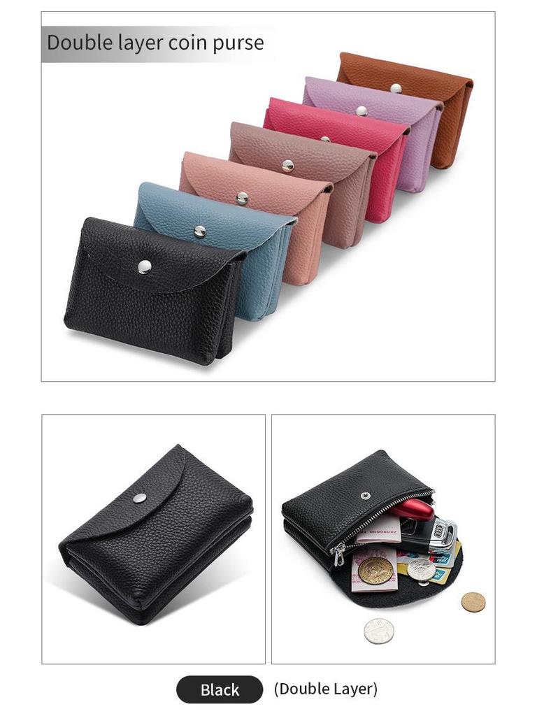 Women's Small Genuine Leather Coin Purse - Top Layer Cowhide Litchi Grain Cover Wallet