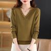 Moda de Primavera y Otoño Encaje Cuello en V Manga Larga Suéter de Punto Suéter Fino Top Camiseta Base para Mujer