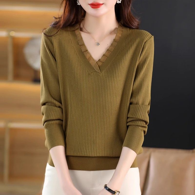 Moda de Primavera y Otoño Encaje Cuello en V Manga Larga Suéter de Punto Suéter Fino Top Camiseta Base para Mujer