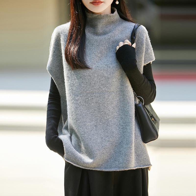 Autumn/Winter Women's Wool Sleeveless Rolled Hem Vest Top with High Neck - Elegant Shawl Style Sweater