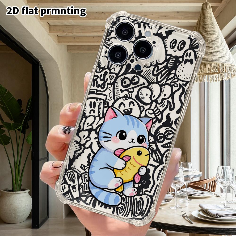 Phone Case: 2D flat suitable for iPhone 18 17 16 15 14 13 Pro, transparent four corner protective case, blue cat hugging a yellow fish, Christmas and