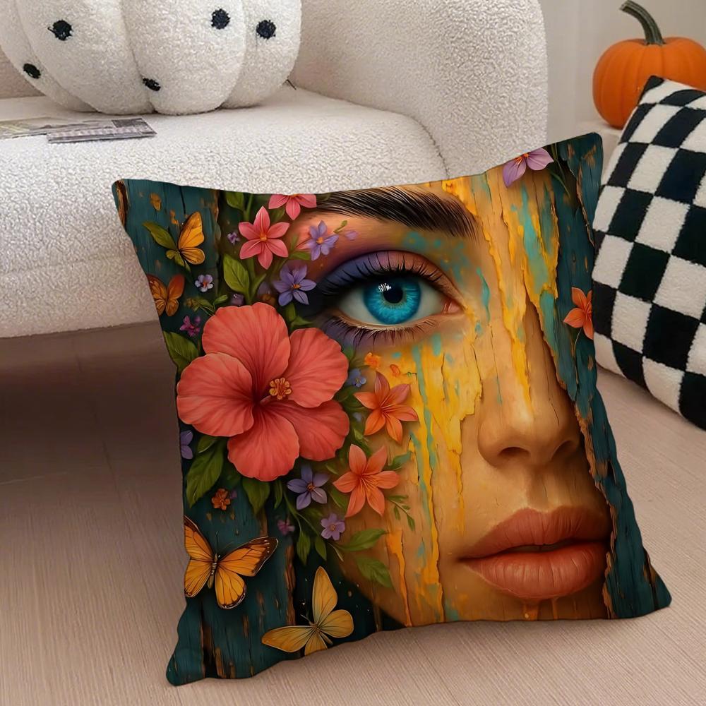 Square Bright Color Flower Girl Art Cushion Cover Throw Pillow Cover Hidden Button Durable Polyester Chair Cushion