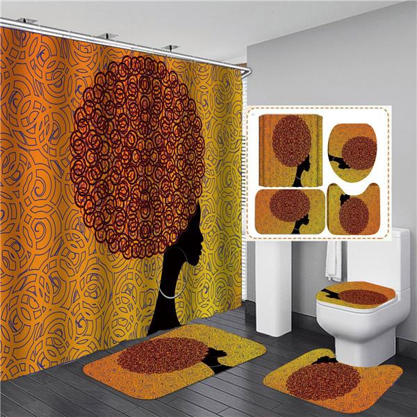 4PCS Full Set Bathroom Curtain Set Elegant African Black Woman Shower Curtain Hooks Modern Bath Mat Toilet Lid Cover Anti-slip Bath Mats