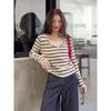Korean-Style Color-Block Striped Long-Sleeve T-Shirt for Women, Early Spring, Faux Two-Piece Slim-Fit Knit Top, Casual Slimming Short Top