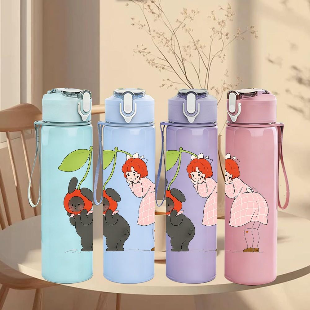 1PC Girl Bird Retro Cute Cartoon Print 750ml Color Plastic Sports Water Bottle Leakproof Flip Straw Lid Suitable for Sports Office Home Use