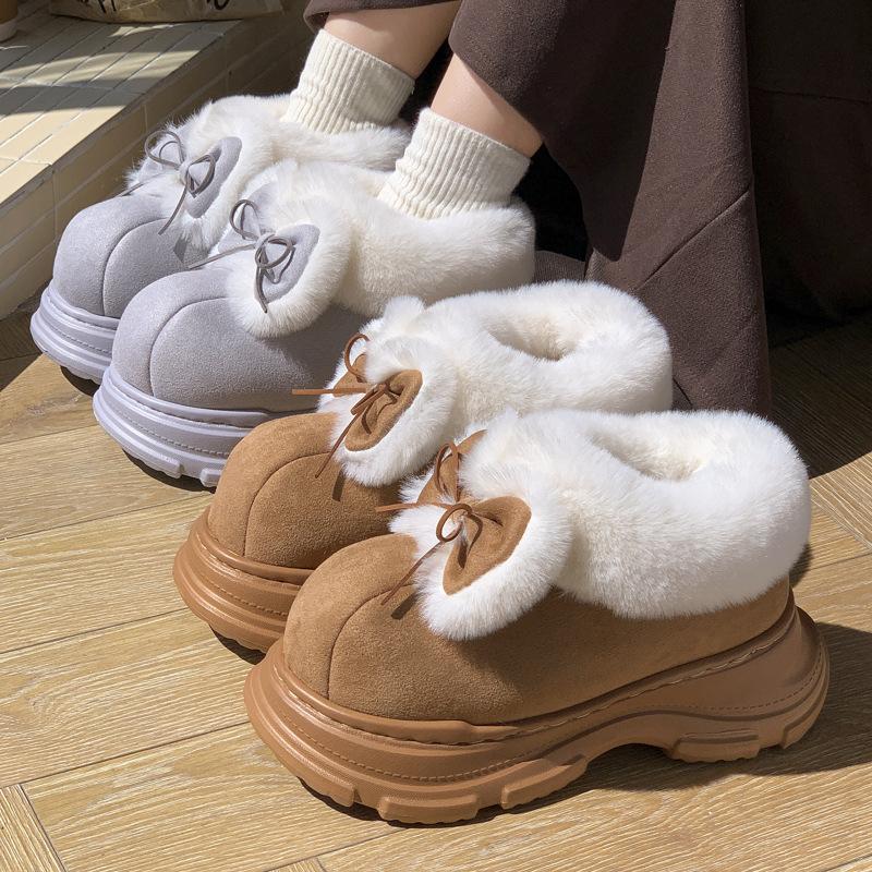 New Mid-top Bow Suede Wool Cotton Shoes Autumn and Winter Velvet Warm Thick-soled Heightening Non-slip Snow Boots