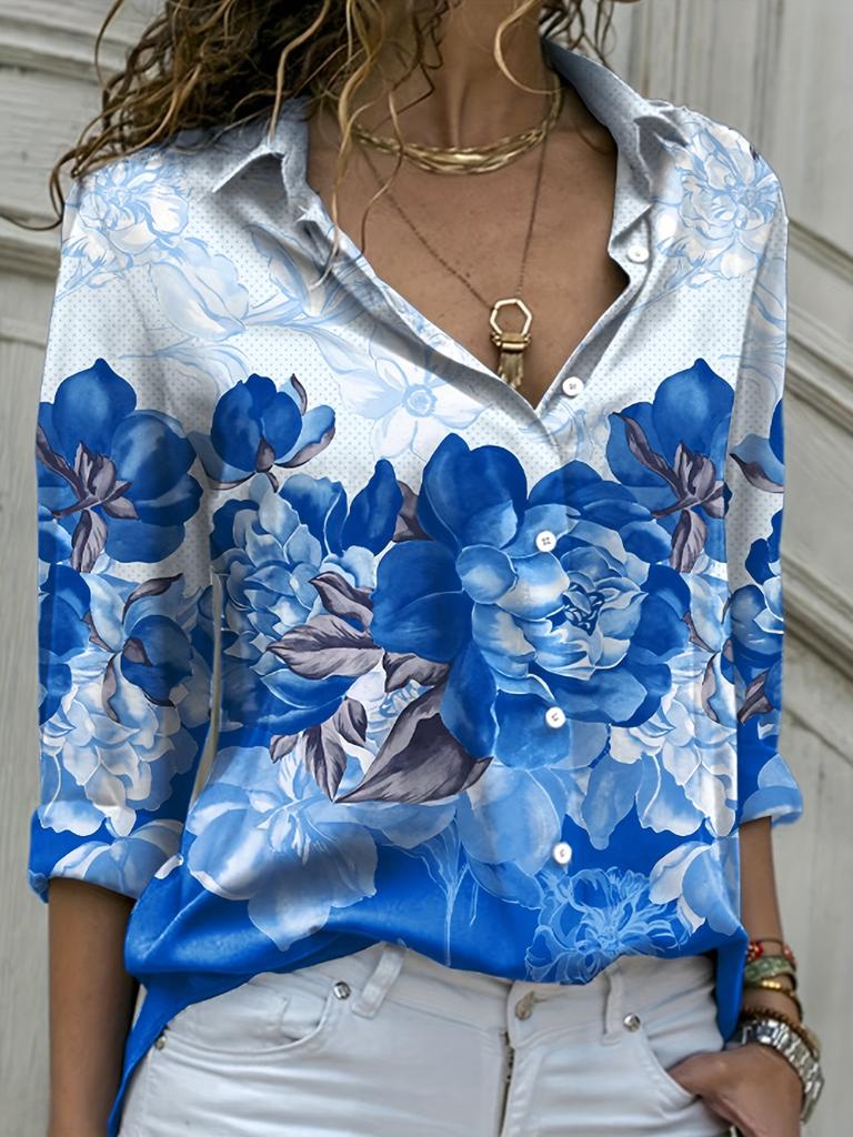 Plus Size Summer Women's Printed Pattern Shirt Single Row Button Lapel Long Sleeve Shirt Polyester Material