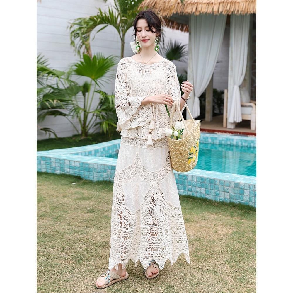 DIMANAF 2025 Women New Suit Skirt Knitting Beach Short Sleeve Lace Hollow Out Sexy O-Neck Hollow Summer Style Tops Tees Loose Basic