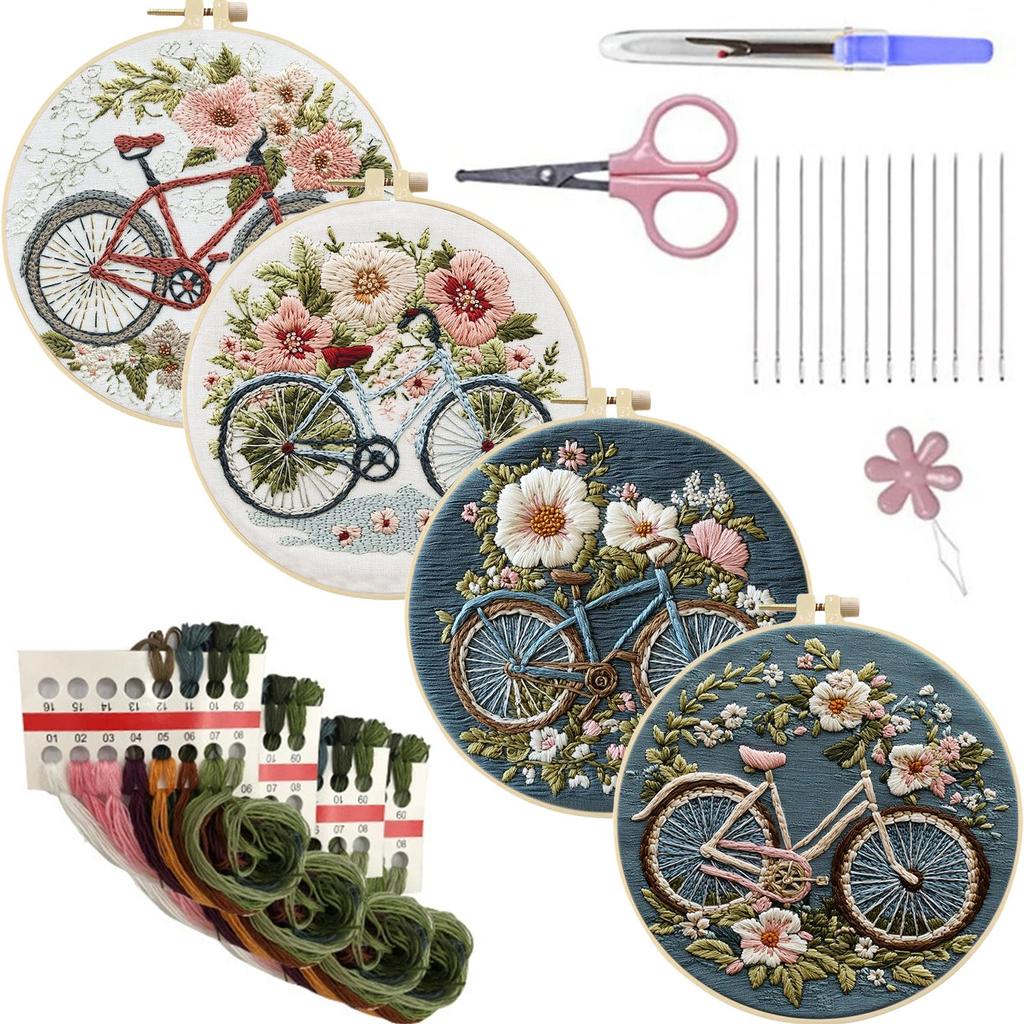 4 Pack Embroidery Starter Kit with Embroidery Hoop Needles Threads Instruction Stamped Cross Stitch Kits with Pattern for Adults