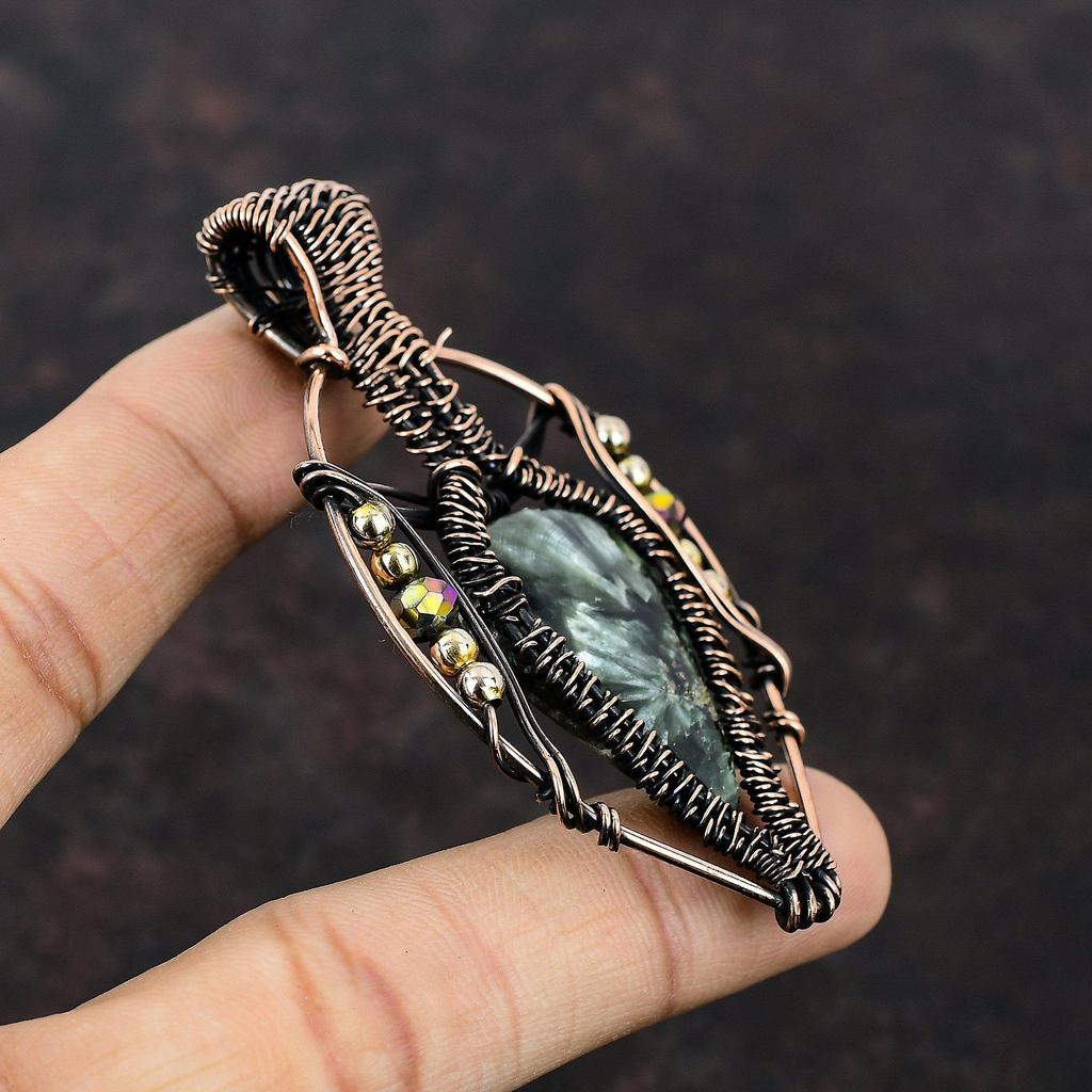 Seraphinite Copper Pendant Wire Wrapped Pendant Titanium Beads Pendant Copper Wire Jewelry Gift For Mother Handmade Pendant Gemstone Jewelry