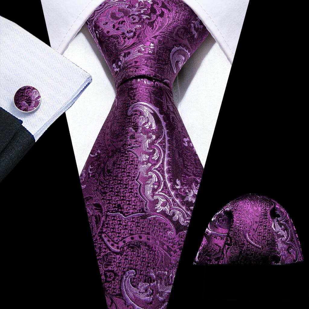 Barry.Wang Necktie Hankerchief Cufflinks Set Purple Blue Black Dots Jacquard Woven Wedding
