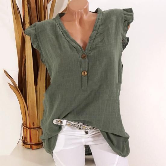 Women Blouse Ruffled Sleeve Loose V Neck Casual Cotton And Linen