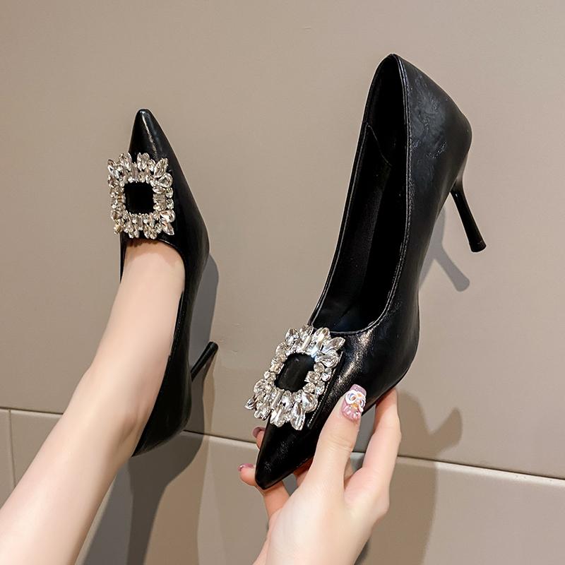 Low Top Single Shoes Summer New Pointy Head Shallow Mouth Sequin Square Buckle Set Foot Non-slip High Heels