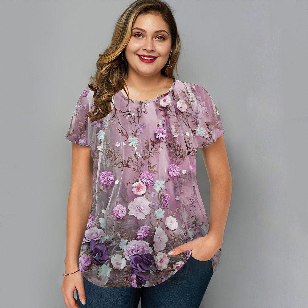 

Летний топ с круглым вырезом и 3D-цветочным принтом, модные повседневные футболки с короткими рукавами для женщин больших размеров XXXL