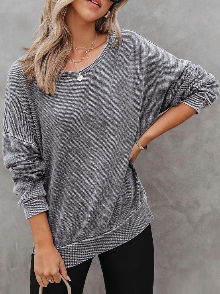 Women's Autumn New Style Crew Neck Long Sleeve Side Slit Checked Waistcoat T-Shirt