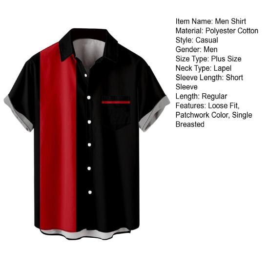 Men Casual Shirt Lapel Short Sleeve Single Breasted Shirt Loose Fit Hawaiian Style Button-Up Bowling Shirt