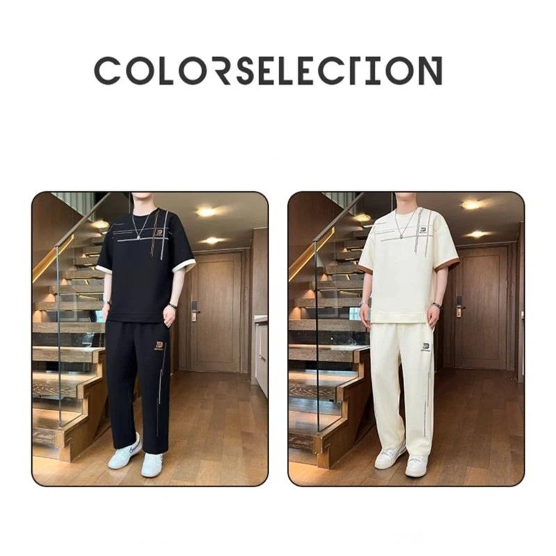 Men's 2-in-1 Summer Tracksuit Ice Silk Short Sleeve Tee Straight Pants Casual Streetwear Outfit