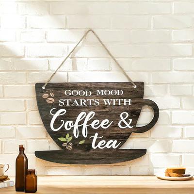 Yousheng Wooden Coffee Cup Hanging Sign Good Mood Starts with Coffee Tea Door Plaque Kitchen Cafe Coffee Corner Wall Hanging Decoration Ornament
