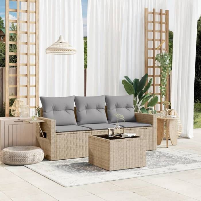 VidaXL Salon de Jardin avec Coussins 4 pcs, Canapés de Terrasse, Ensemble de Meubles de Patio, Mobilier d'Extérieur, Beige 3252206