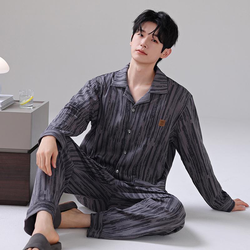 Men's Long-Sleeve Pure Cotton Pajama Set with Lapel - Autumn/Winter Two-Piece Homewear